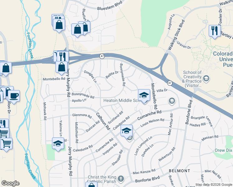 map of restaurants, bars, coffee shops, grocery stores, and more near 159 Bonnymede Road in Pueblo