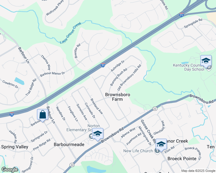 map of restaurants, bars, coffee shops, grocery stores, and more near 3810 Burning Bush Road in Louisville