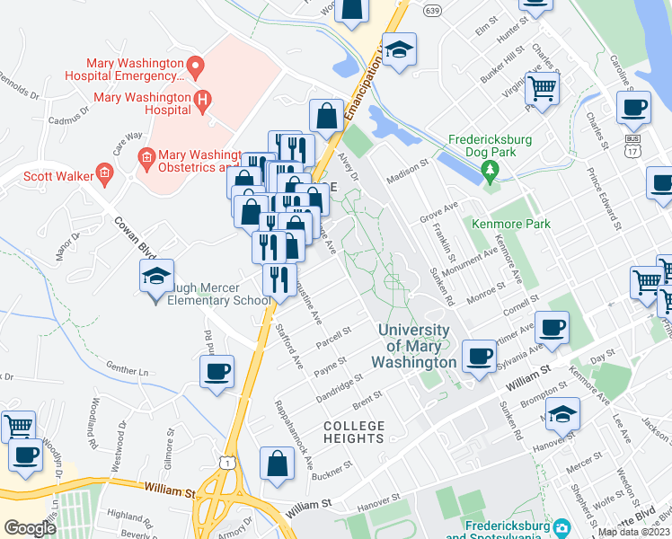 map of restaurants, bars, coffee shops, grocery stores, and more near 1810 College Avenue in Fredericksburg