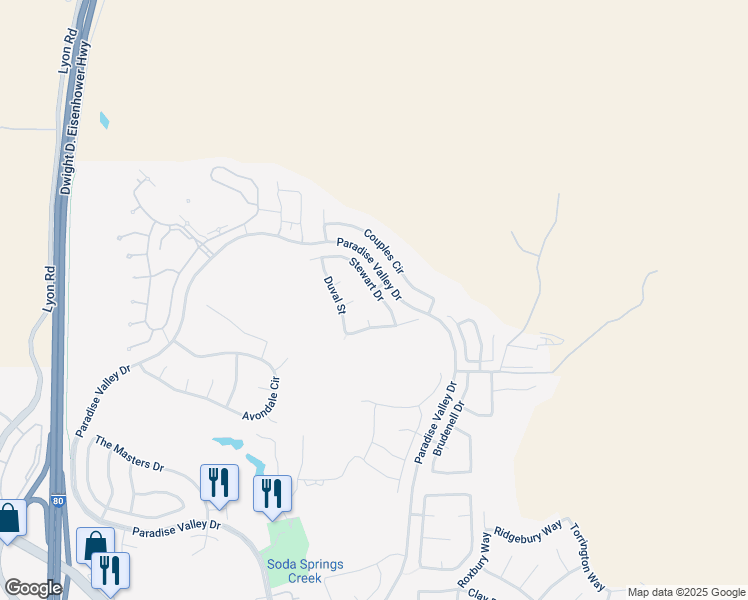 map of restaurants, bars, coffee shops, grocery stores, and more near 1421 Stewart Drive in Fairfield