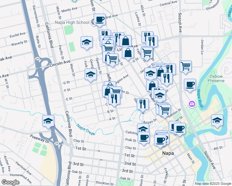 map of restaurants, bars, coffee shops, grocery stores, and more near 1229 Hayes Street in Napa