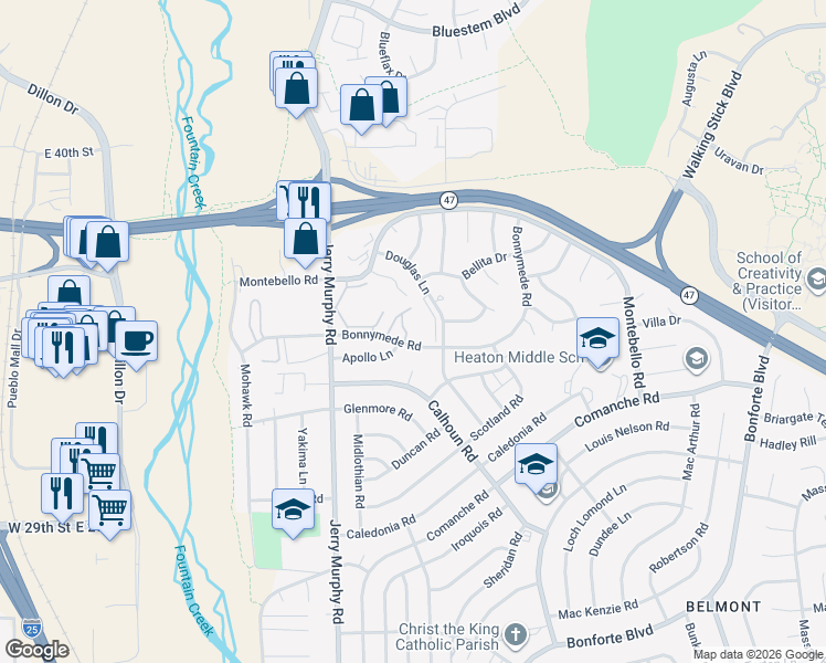map of restaurants, bars, coffee shops, grocery stores, and more near 55 Bonnymede Road in Pueblo