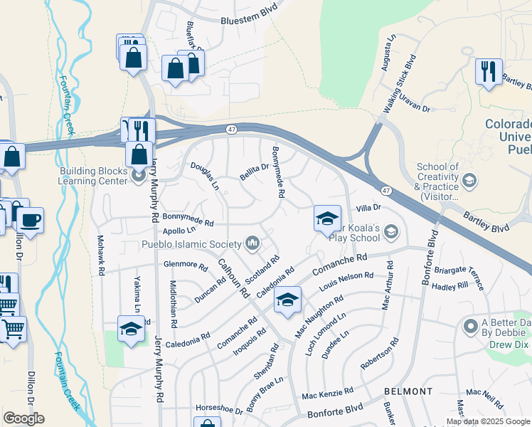 map of restaurants, bars, coffee shops, grocery stores, and more near 159 Bonnymede Road in Pueblo