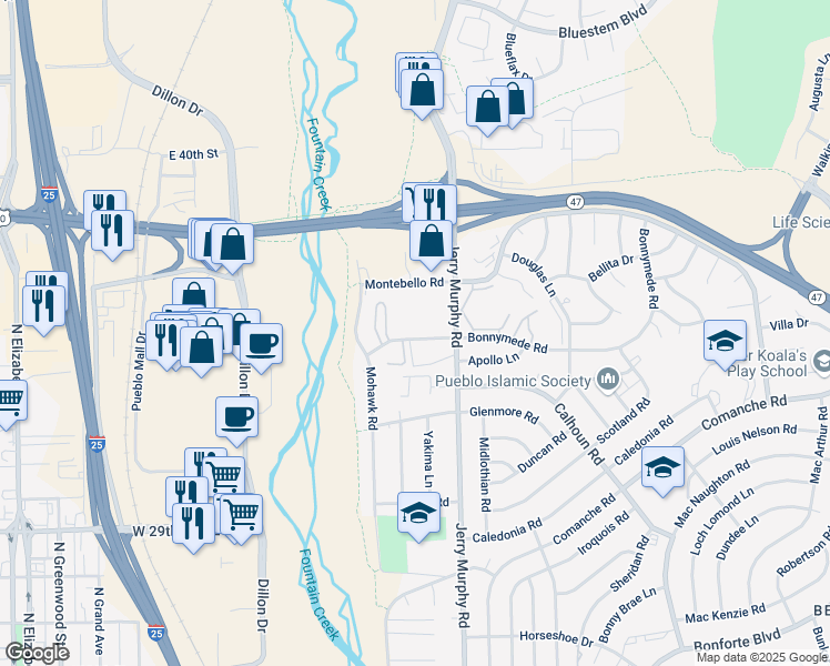 map of restaurants, bars, coffee shops, grocery stores, and more near 2025 Jerry Murphy Road in Pueblo