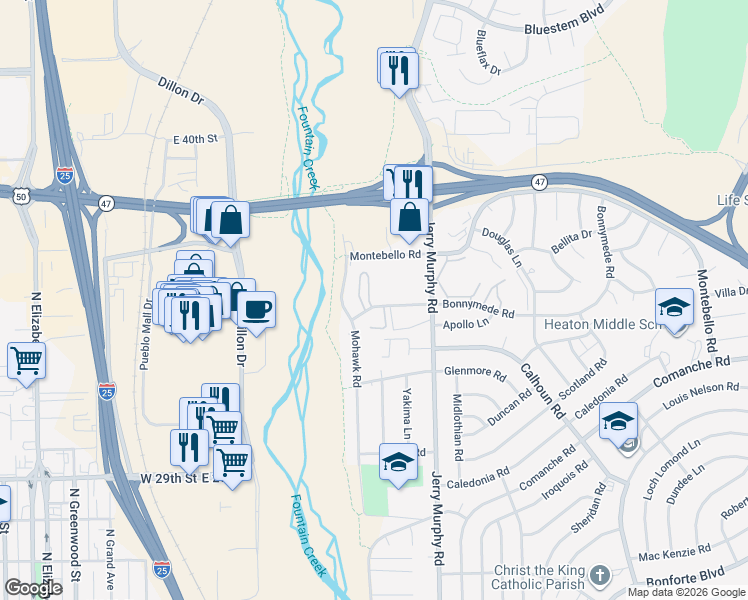 map of restaurants, bars, coffee shops, grocery stores, and more near 5 Bonnymede Road in Pueblo