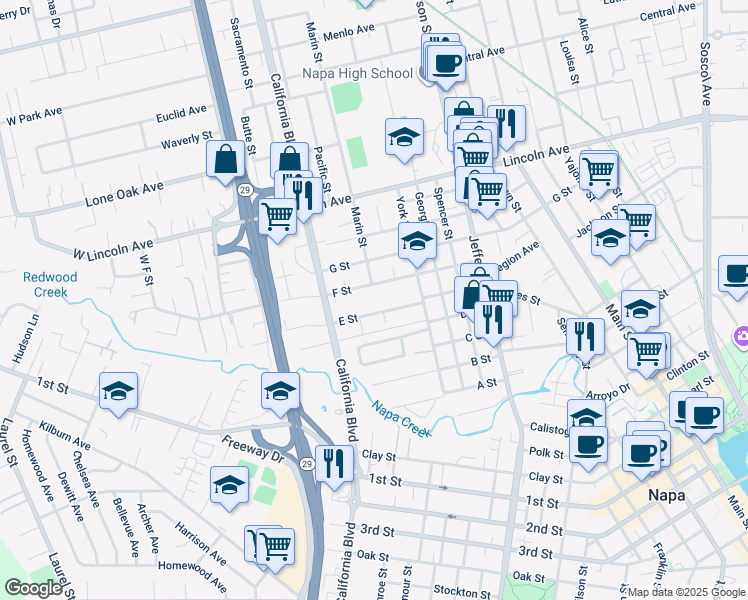 map of restaurants, bars, coffee shops, grocery stores, and more near 1650 E Street in Napa