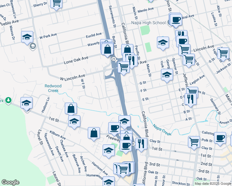 map of restaurants, bars, coffee shops, grocery stores, and more near 2010 West F Street in Napa