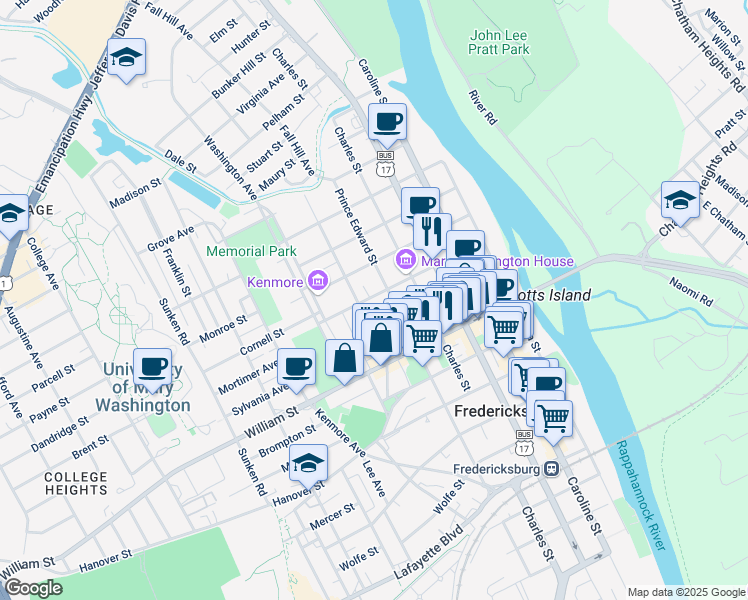 map of restaurants, bars, coffee shops, grocery stores, and more near 502 Lewis Street in Fredericksburg