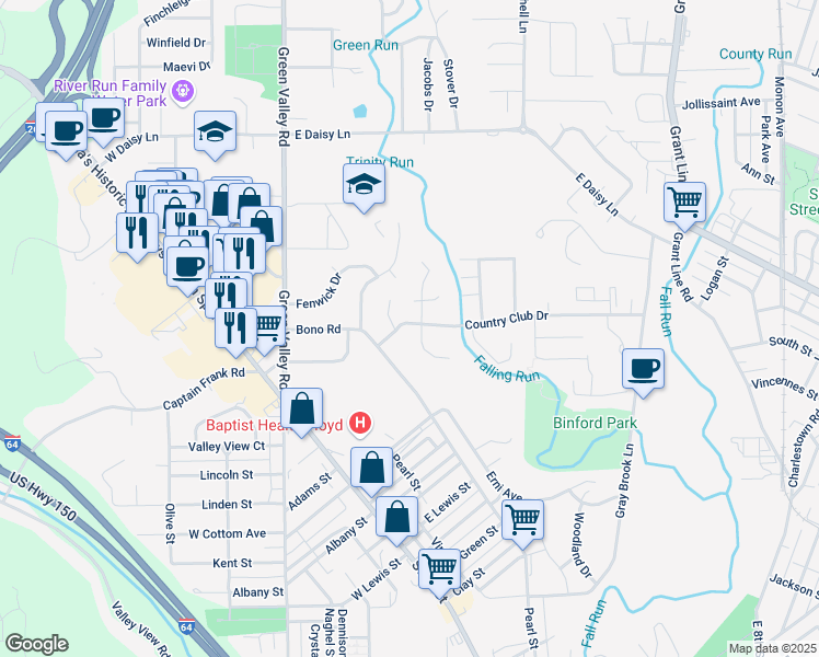 map of restaurants, bars, coffee shops, grocery stores, and more near 310 Country Club Drive in New Albany