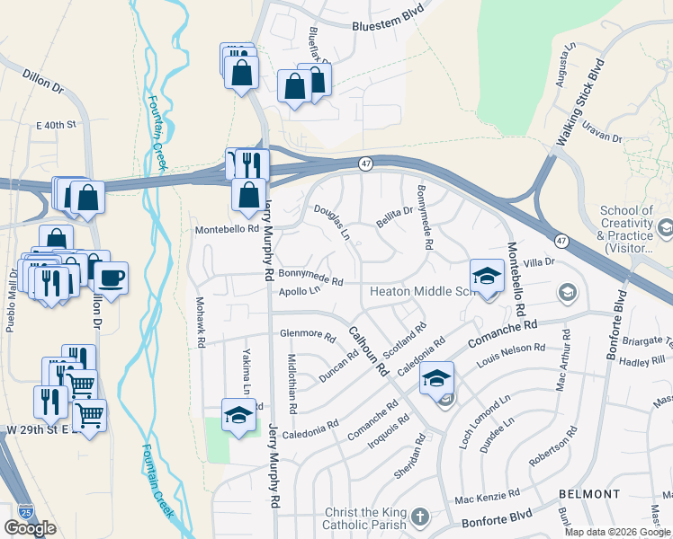 map of restaurants, bars, coffee shops, grocery stores, and more near 55 Bonnymede Road in Pueblo