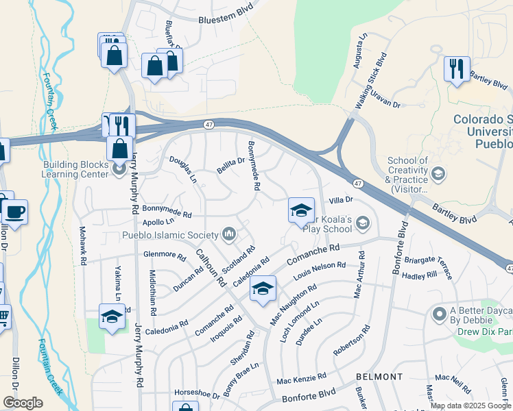 map of restaurants, bars, coffee shops, grocery stores, and more near 188 Bonnymede Road in Pueblo