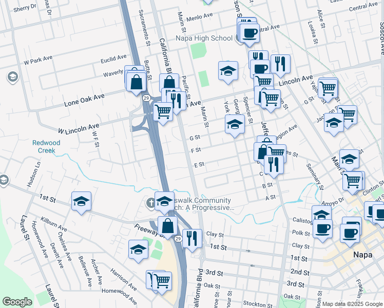 map of restaurants, bars, coffee shops, grocery stores, and more near 1721 F Street in Napa