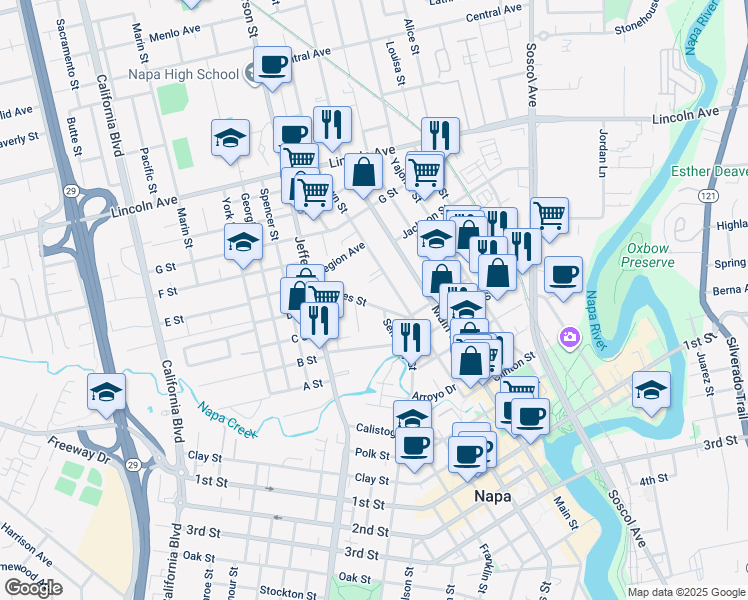 map of restaurants, bars, coffee shops, grocery stores, and more near 1166 Hayes Street in Napa