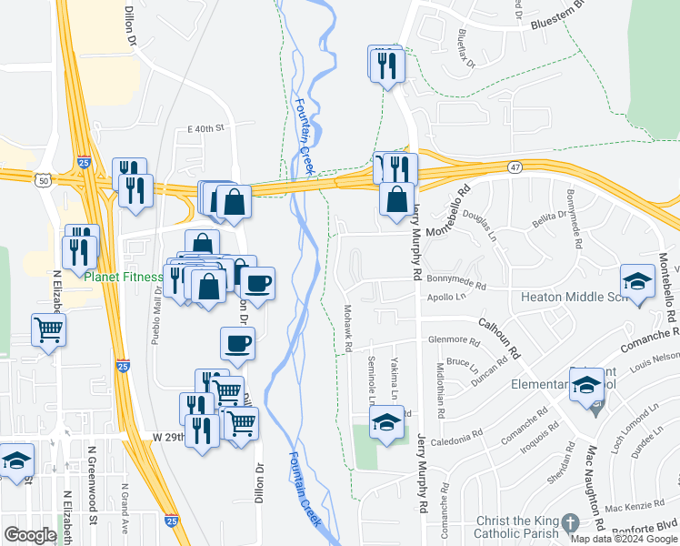 map of restaurants, bars, coffee shops, grocery stores, and more near 2110 Mohawk Road in Pueblo