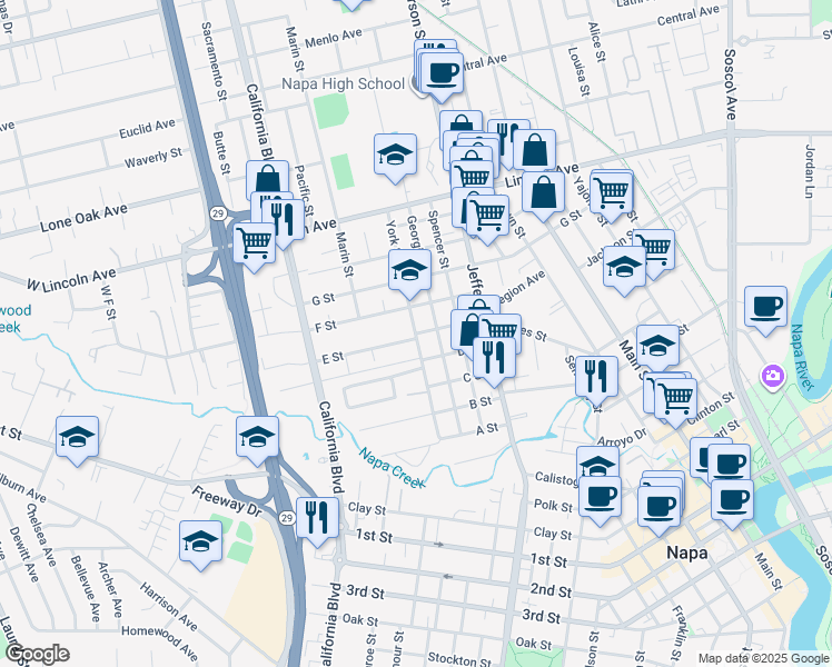 map of restaurants, bars, coffee shops, grocery stores, and more near 1586 E Street in Napa
