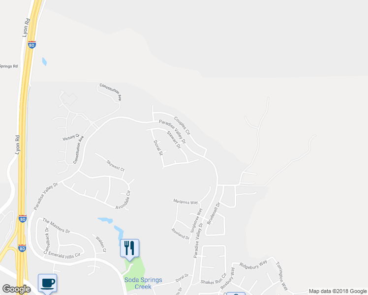 map of restaurants, bars, coffee shops, grocery stores, and more near 1422 Stewart Drive in Fairfield