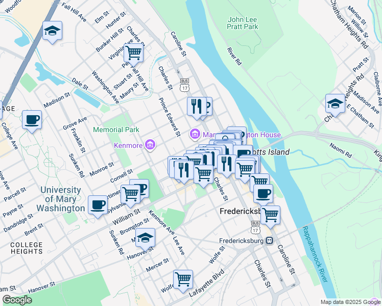 map of restaurants, bars, coffee shops, grocery stores, and more near 1107 Prince Edward Street in Fredericksburg