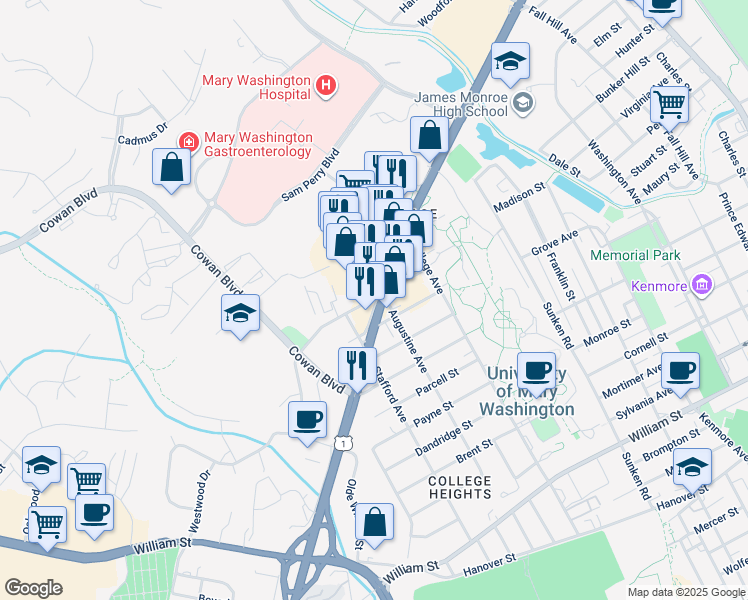 map of restaurants, bars, coffee shops, grocery stores, and more near 1301 Jefferson Davis Highway in Fredericksburg