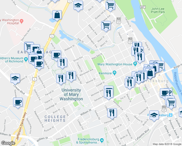 map of restaurants, bars, coffee shops, grocery stores, and more near 1313 Littlepage Street in Fredericksburg