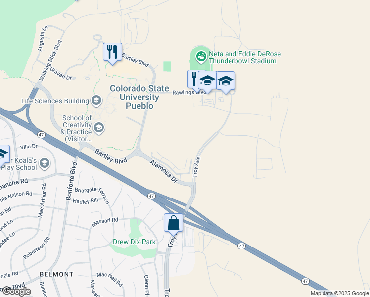 map of restaurants, bars, coffee shops, grocery stores, and more near Gray Wolf Circle in Pueblo