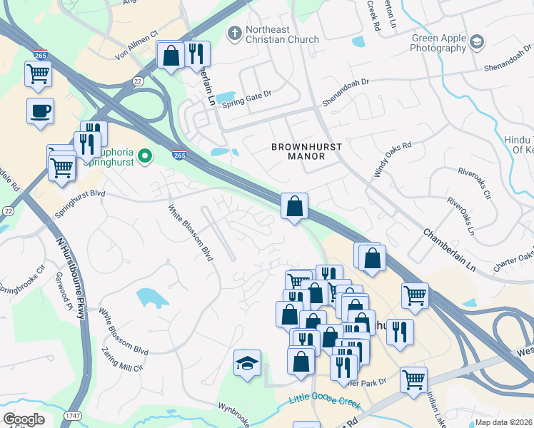 map of restaurants, bars, coffee shops, grocery stores, and more near 4453 Button Bush Glen Drive in Louisville