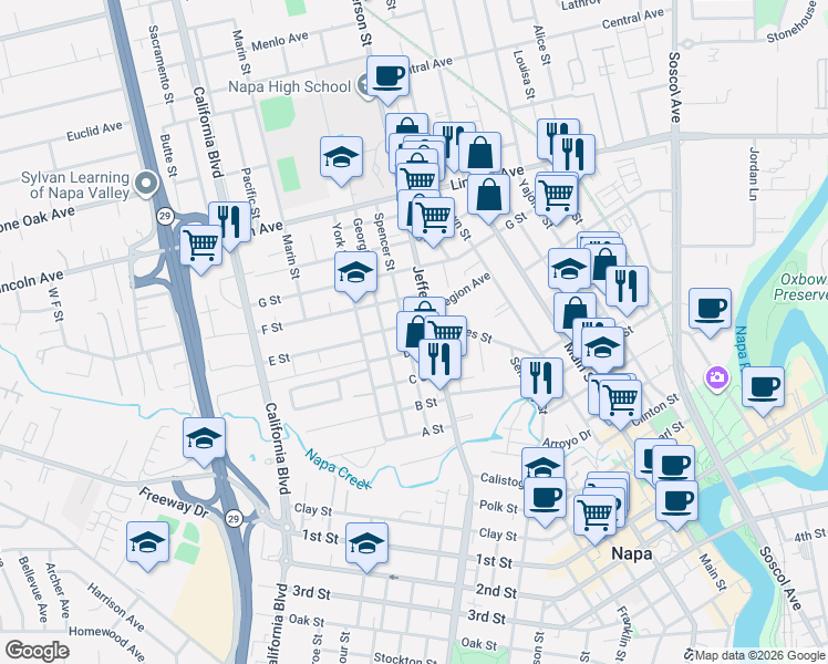 map of restaurants, bars, coffee shops, grocery stores, and more near 1340 D Street in Napa
