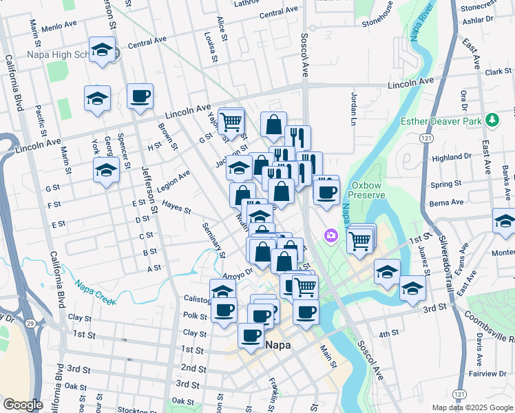 map of restaurants, bars, coffee shops, grocery stores, and more near 1616 Nursery Street in Napa