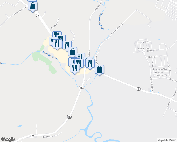 map of restaurants, bars, coffee shops, grocery stores, and more near 26085 Point Lookout Road in Leonardtown