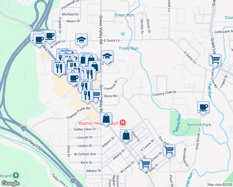map of restaurants, bars, coffee shops, grocery stores, and more near 2008 Bono Road in New Albany