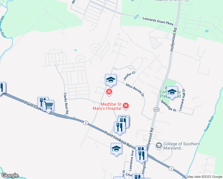 map of restaurants, bars, coffee shops, grocery stores, and more near 23160 Moakley Street in Leonardtown