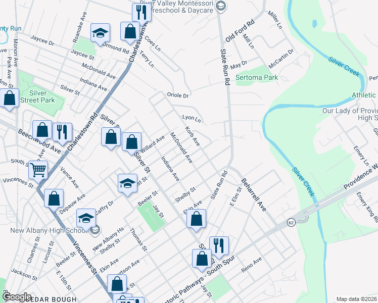 map of restaurants, bars, coffee shops, grocery stores, and more near 2231 McLean Avenue in New Albany