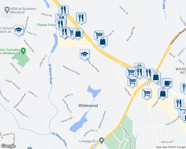 map of restaurants, bars, coffee shops, grocery stores, and more near 23241 Rosewood Court in California