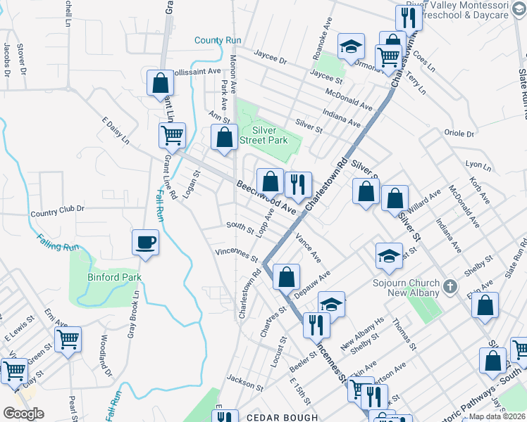 map of restaurants, bars, coffee shops, grocery stores, and more near 1331 Vance Avenue in New Albany