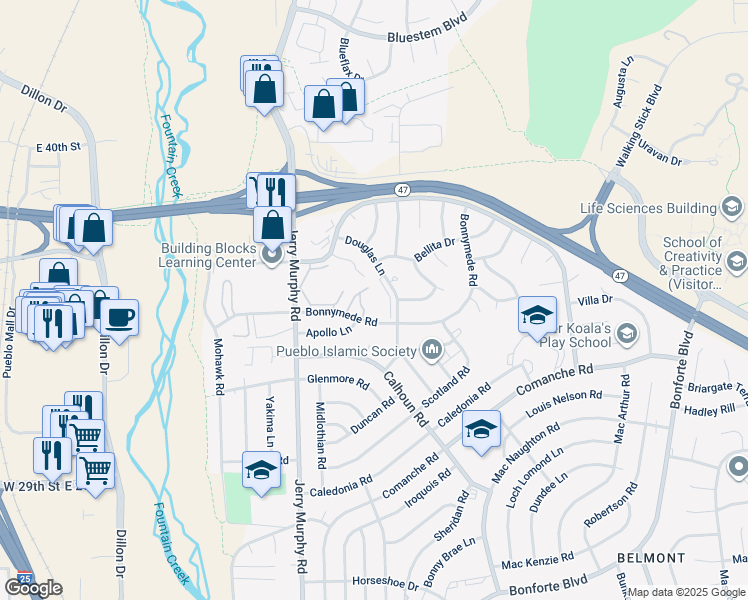 map of restaurants, bars, coffee shops, grocery stores, and more near 79 Bonnymede Road in Pueblo