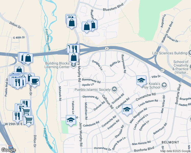 map of restaurants, bars, coffee shops, grocery stores, and more near 79 Bonnymede Road in Pueblo