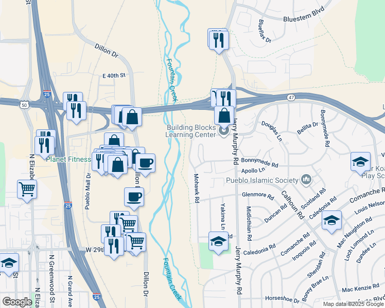 map of restaurants, bars, coffee shops, grocery stores, and more near 2110 Mohawk Road in Pueblo