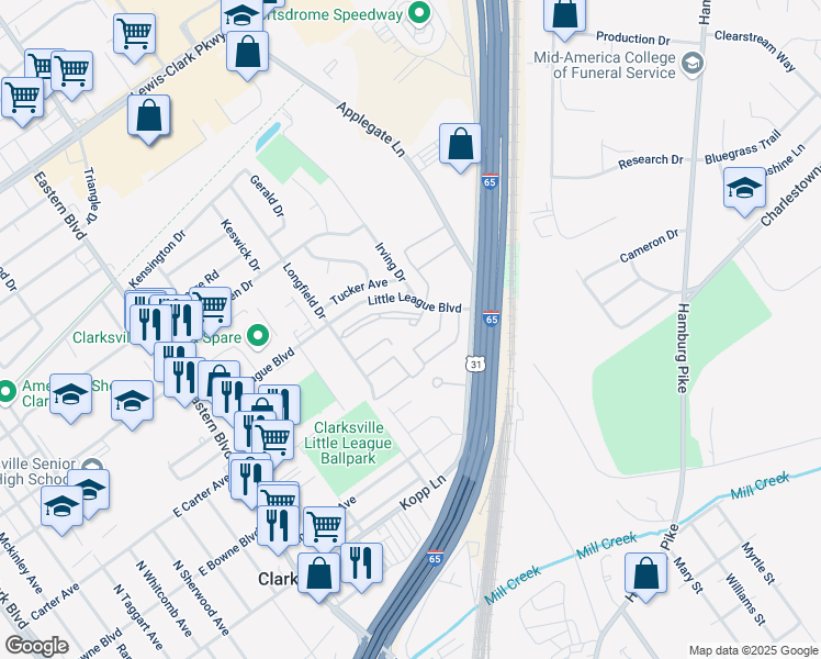 map of restaurants, bars, coffee shops, grocery stores, and more near 707 Yale Drive in Clarksville