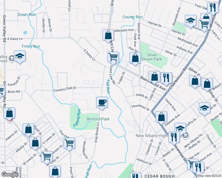 map of restaurants, bars, coffee shops, grocery stores, and more near 1833 Grant Line Road in New Albany