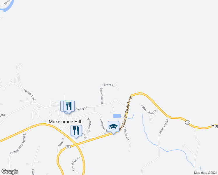 map of restaurants, bars, coffee shops, grocery stores, and more near 8832 Sierra Lane in Mokelumne Hill