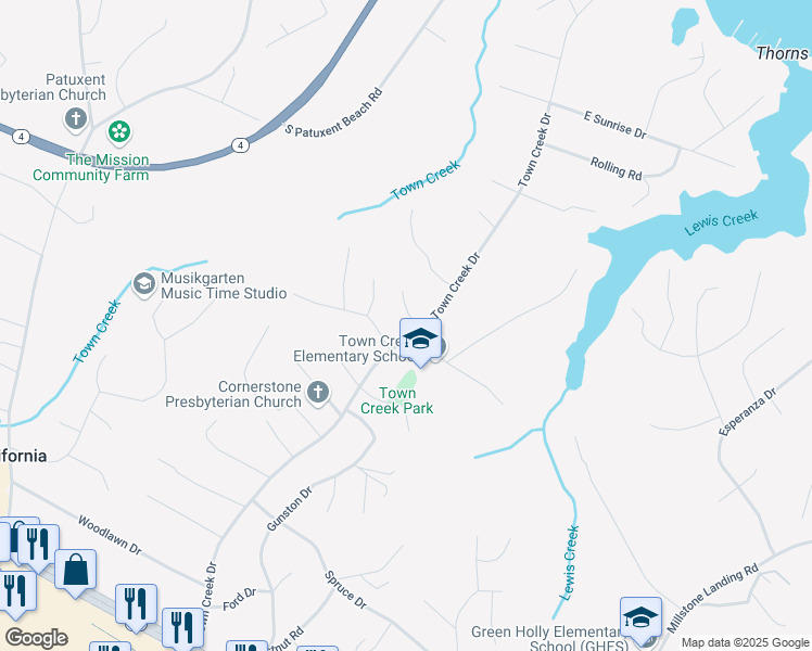 map of restaurants, bars, coffee shops, grocery stores, and more near 23181 Town Creek Drive in Lexington Park