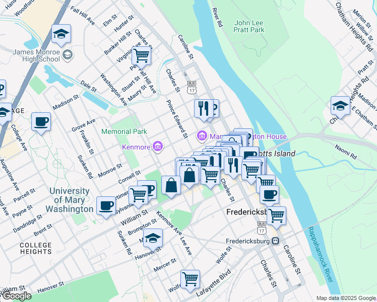 map of restaurants, bars, coffee shops, grocery stores, and more near 1200 Prince Edward Street in Fredericksburg