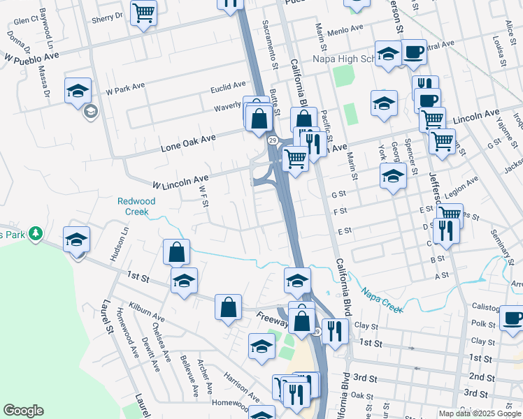 map of restaurants, bars, coffee shops, grocery stores, and more near 2318 Solano Avenue in Napa