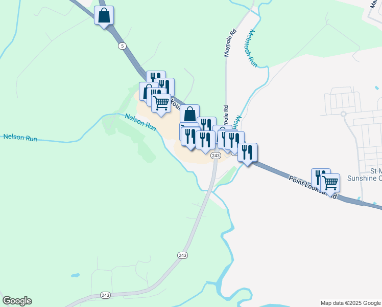 map of restaurants, bars, coffee shops, grocery stores, and more near 40955 Merchants Lane in Leonardtown