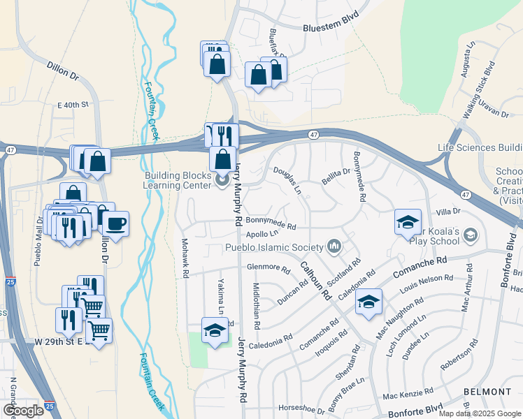 map of restaurants, bars, coffee shops, grocery stores, and more near Bonnymede Road in Pueblo