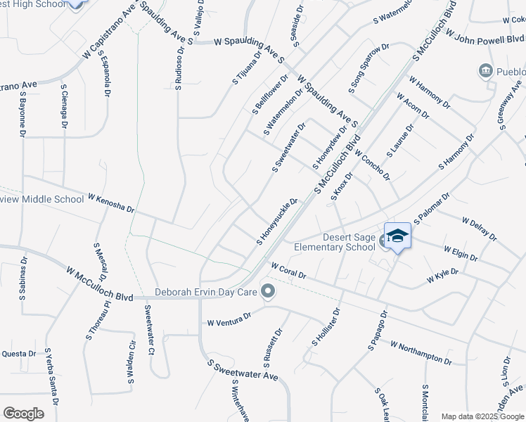 map of restaurants, bars, coffee shops, grocery stores, and more near 939 South Honeysuckle Drive in Pueblo West