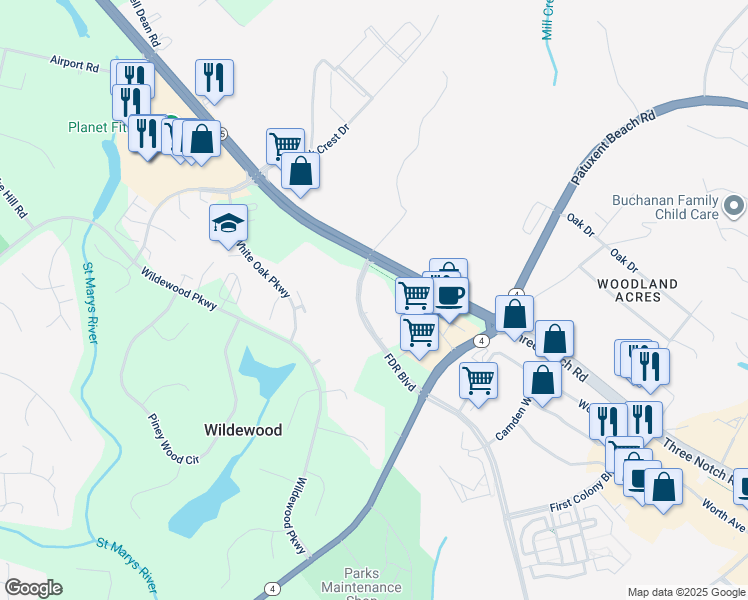 map of restaurants, bars, coffee shops, grocery stores, and more near 23560 F D R Boulevard in California