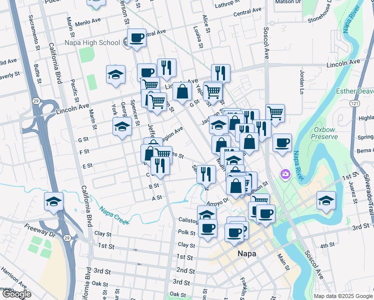 map of restaurants, bars, coffee shops, grocery stores, and more near 1845 Brown Street in Napa