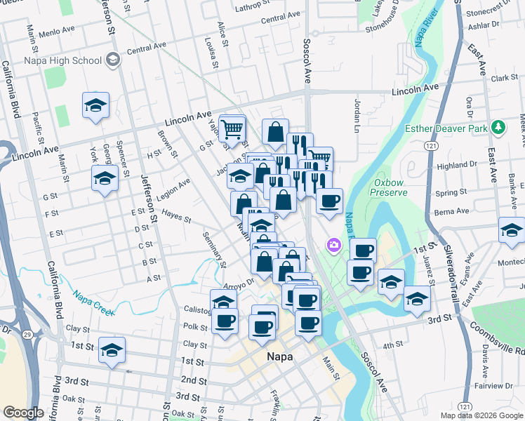 map of restaurants, bars, coffee shops, grocery stores, and more near 911 Vallejo Street in Napa