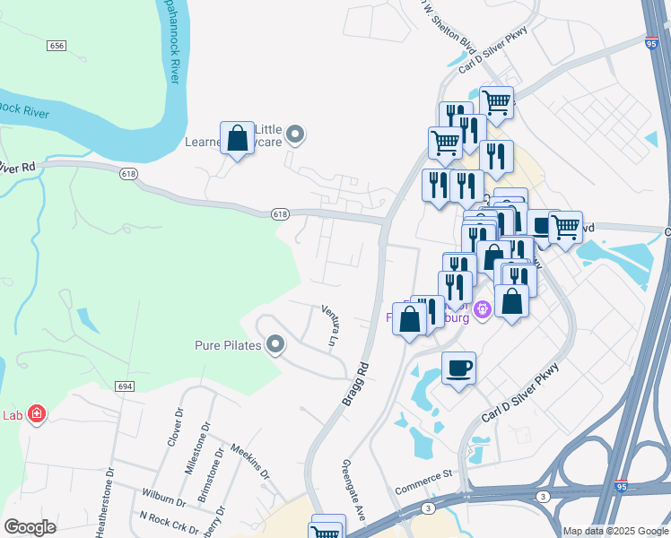 map of restaurants, bars, coffee shops, grocery stores, and more near 5806 Spring Arbor Lane in Fredericksburg