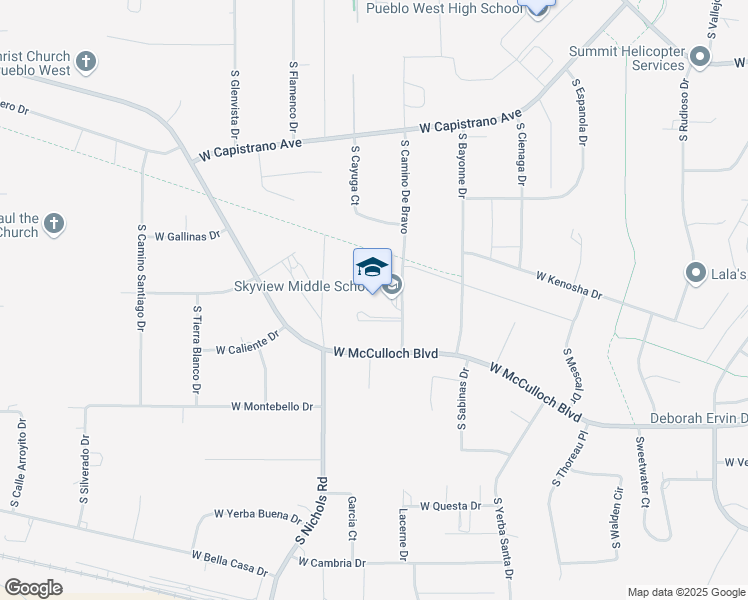 map of restaurants, bars, coffee shops, grocery stores, and more near 1047 South Camino De Bravo in Pueblo West
